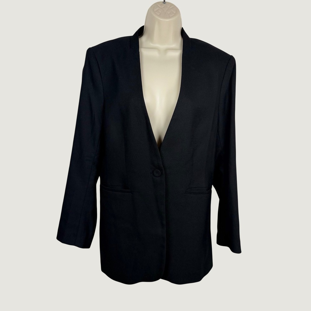 H&M Womens M Black Single Button Collarless Blazer Jacket Textured Longline Work